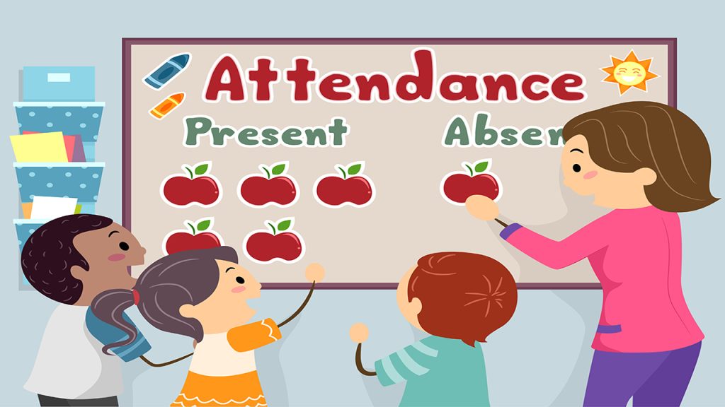 An Illustration of Stickman Kids and Teacher Decorating Attendance Board