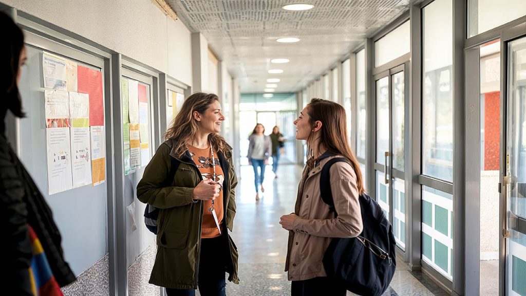 Two women, one a student and the other a teacher, engage in conversation while standing in a hallway. Generative AI.