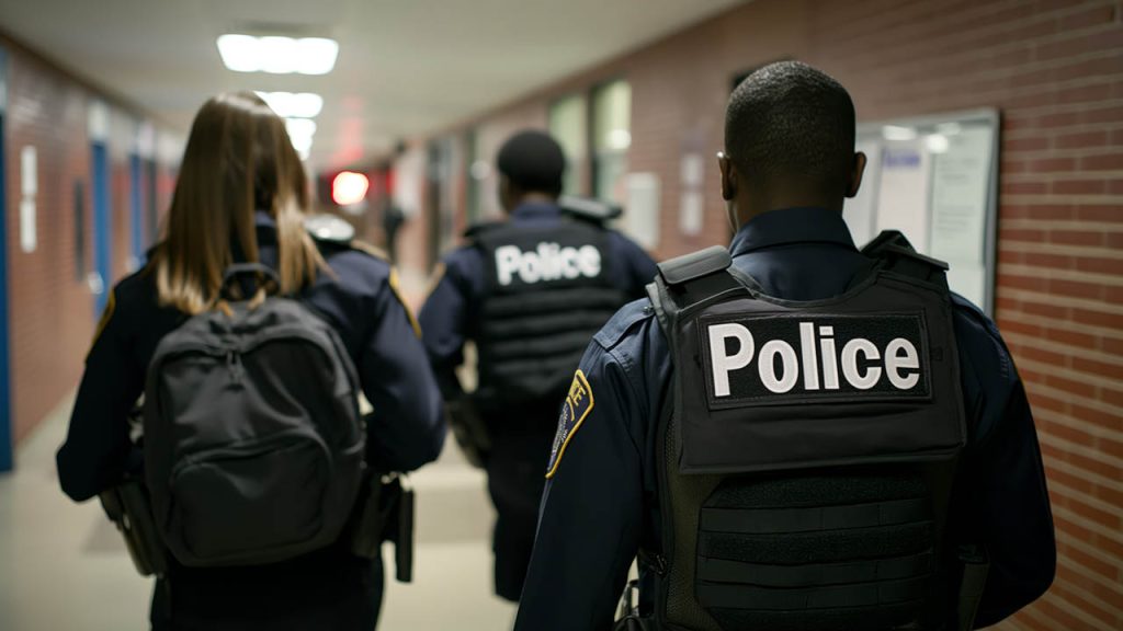 American police officers inside of high school. Their vests have the text "Police" --ar 5:3 --style raw Job ID: ba7ed87c-7e42-47e3-9220-858fd6f09c25