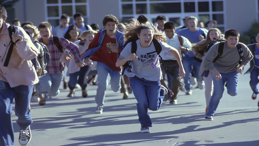 photo of teenagers running out of school in panic --ar 3:2 Job ID: 082ffd32-f3eb-435f-8204-9ae53234e62c