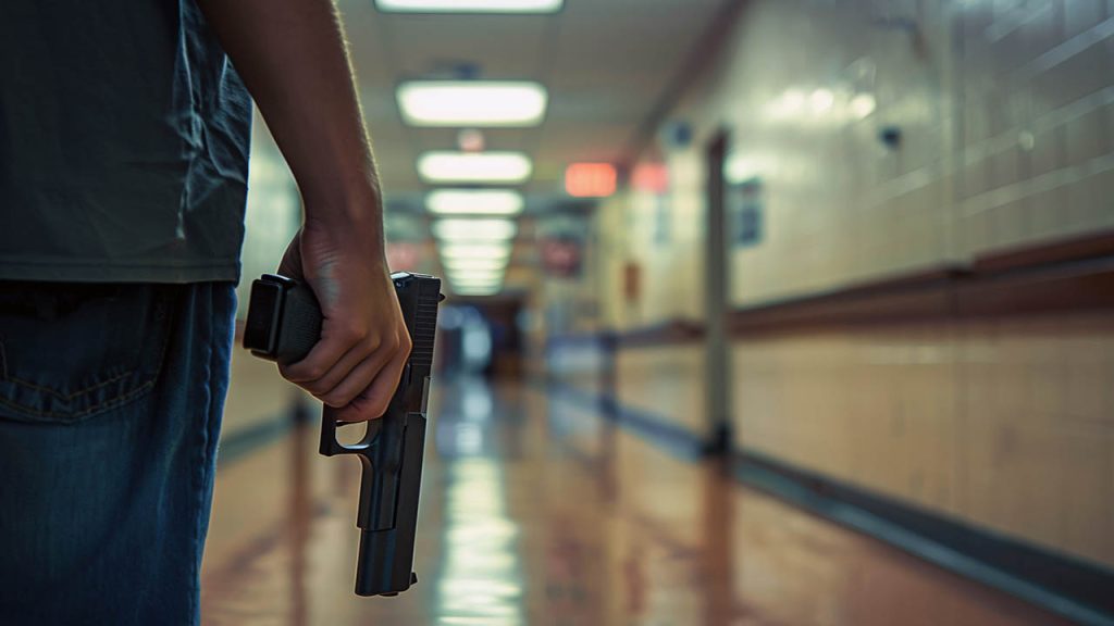 Close up of person's hand holding pistol gun in school corridor. Generative Ai