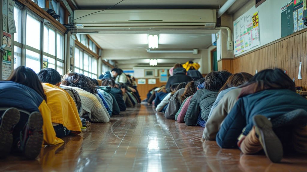 An image of a school conducting an earthquake drill. Students are seen taking cover under desks, while teachers guide them through the procedure. The scene showcases the critical role of educational