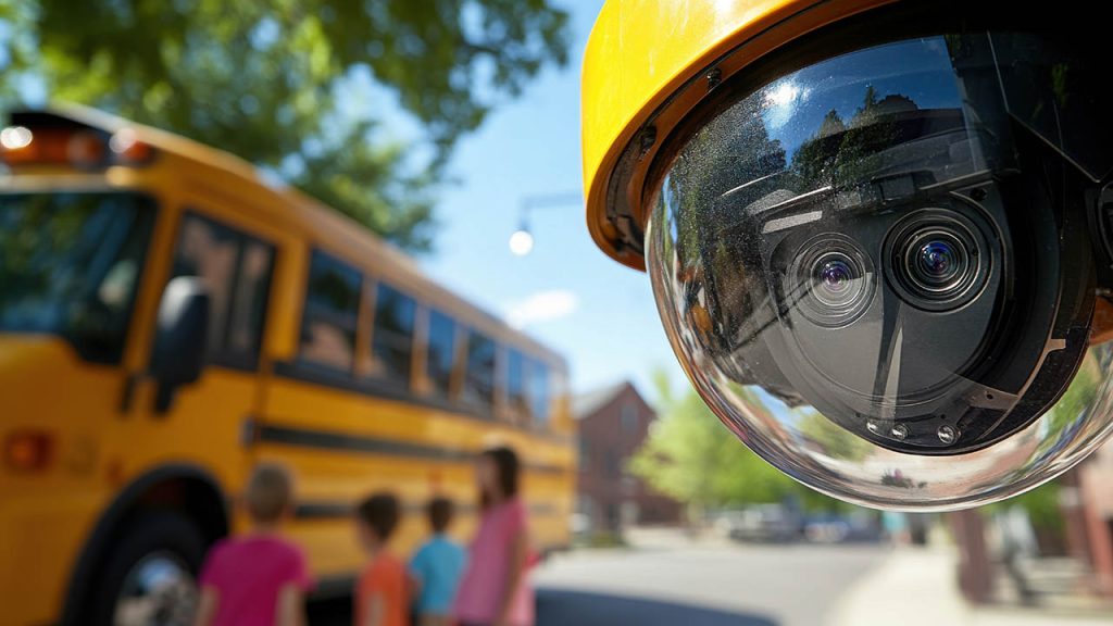 Close-up of a surveillance camera monitoring children boarding on school bus