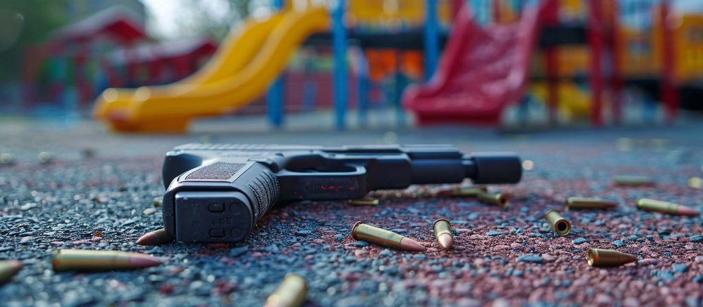 low angled shot of gun and ammo on the floor of a school playground, school shooting, active shooter concept