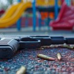 low angled shot of gun and ammo on the floor of a school playground, school shooting, active shooter concept