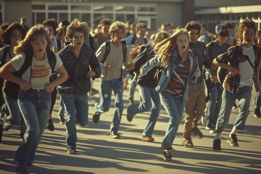 photo of teenagers running out of school in panic --ar 3:2 Job ID: 2f2833b8-1c8a-4a00-8ad1-20a2be0e2253