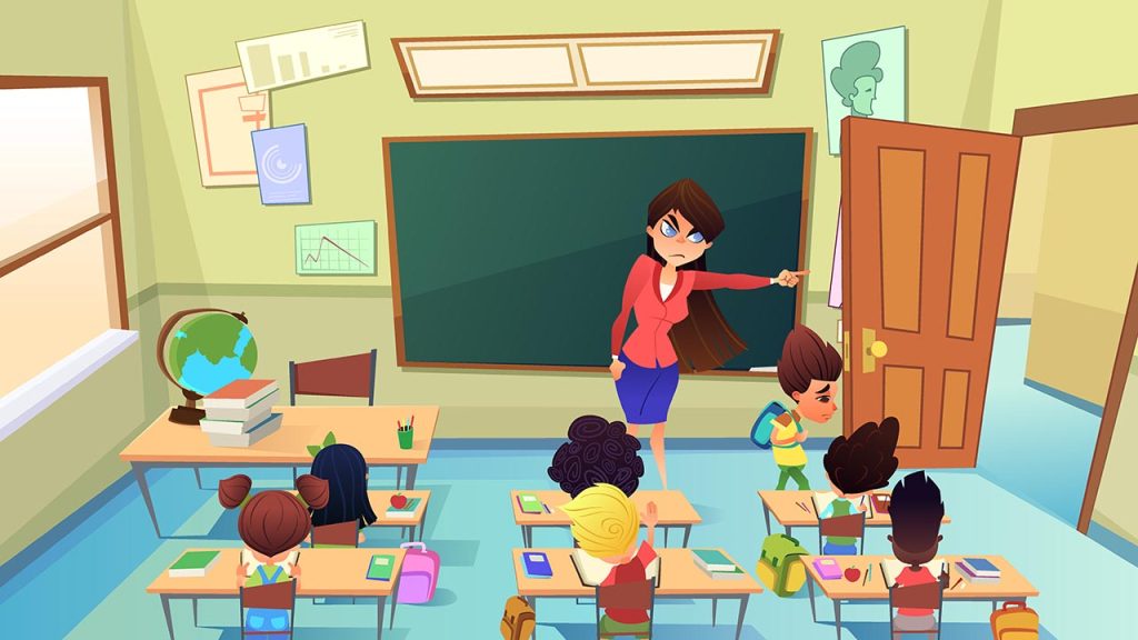 Angry, Annoyed Female Teacher Excluding Guilty Sad Boy from Classroom Cartoon Vector. Pupil Bad Behavior and Discipline, Punishment in Pedagogy, Suspension and Exclusion from Elementary School Concept