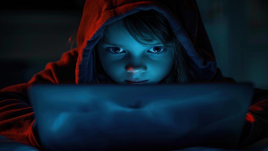 Online predator concept. Young kid with laptop suffering cyber bullying. Child victim . Social media network and the dangers of internet. Ai generative