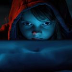 Online predator concept. Young kid with laptop suffering cyber bullying. Child victim . Social media network and the dangers of internet. Ai generative